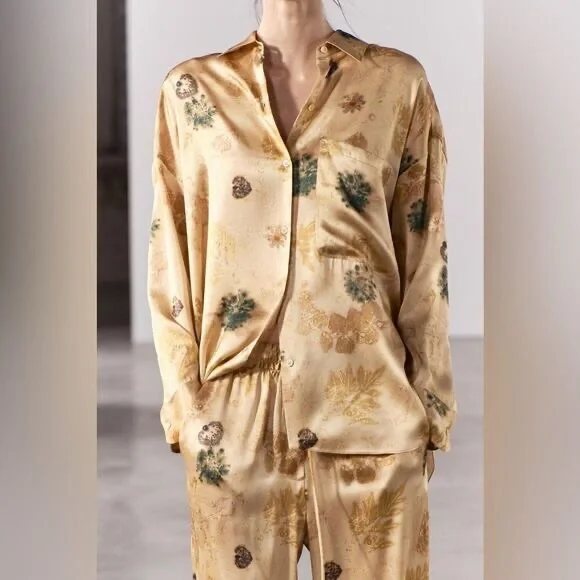 ZARA CO-ORD SET ZW COLLECTION PRINTED 100% SILK PANTS AND SHIRT